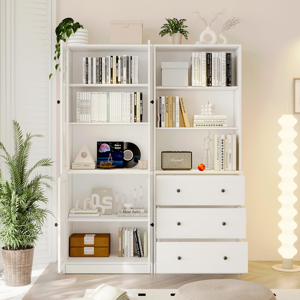 TUSY 71" H Bookshelf with Storage, 6-Tier Modern Bookshelves with 3 Large Drawer, Display Bookcase with Glass Doors, Modern 5-Tier Curio Cabinet for Home Office, Dining Room (White, AB) TUSY