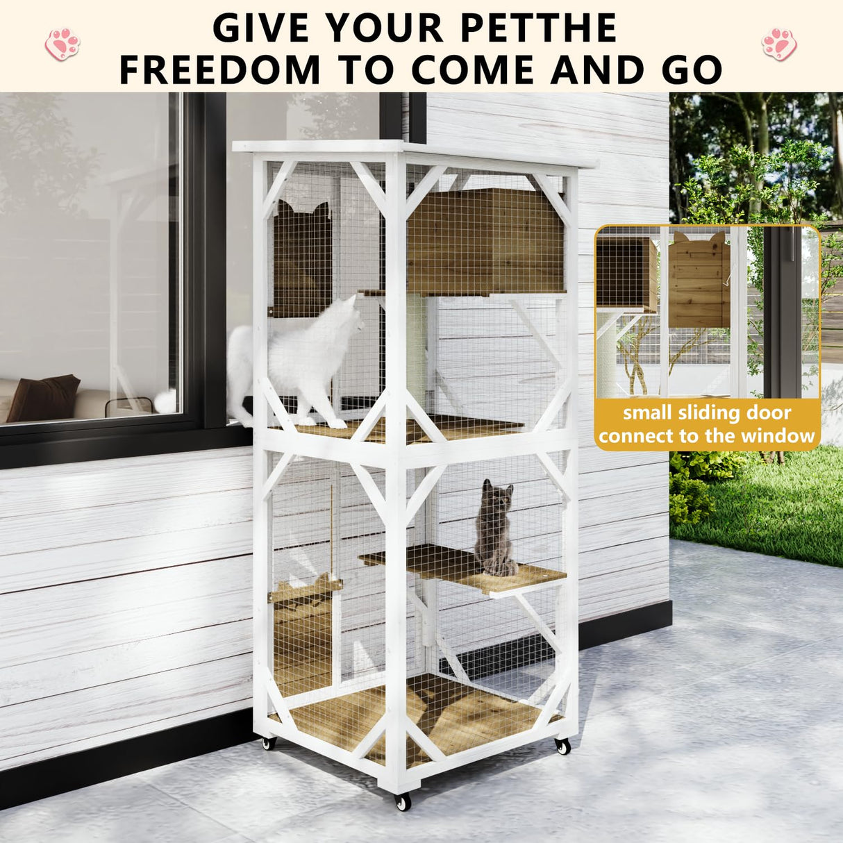 LEMBERI Cat House Outdoor Catio Cat Enclosures on Wheels, 71" Large Outside Patio Wooden Cat Cage Resting Box,Scratching Post, Waterproof Roof (White, 71") LEMBERI