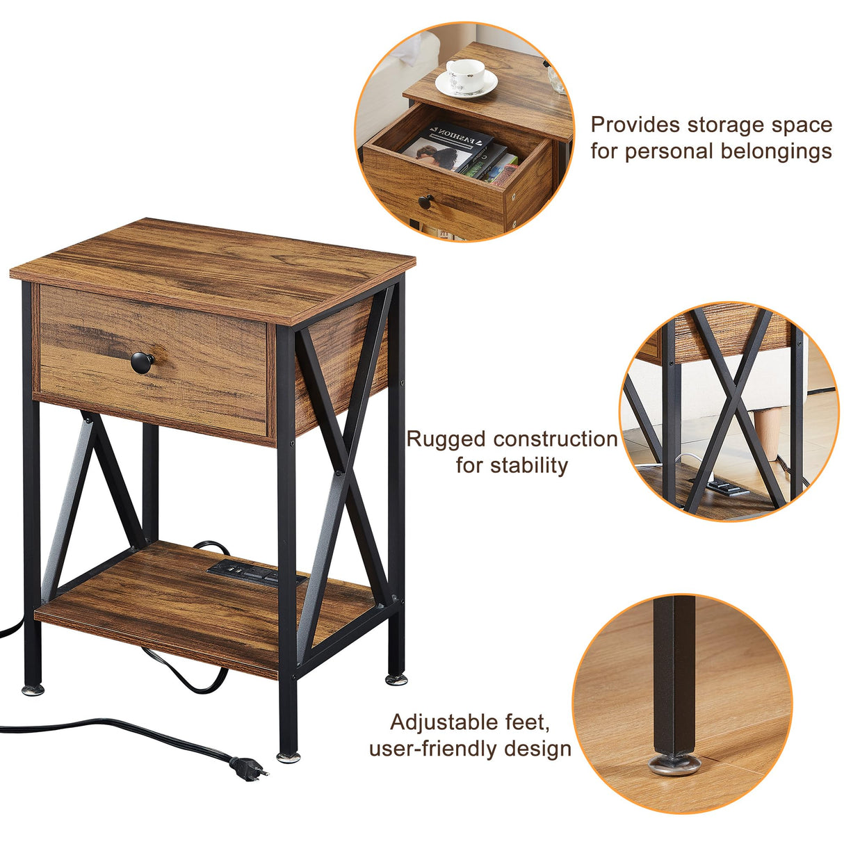 VECELO Nightstand, Bedside End Tables with Charging Station, USB Ports, Drawer Shelf, Night Stand for Bedroom Living Room 2-Pack, Brown VECELO
