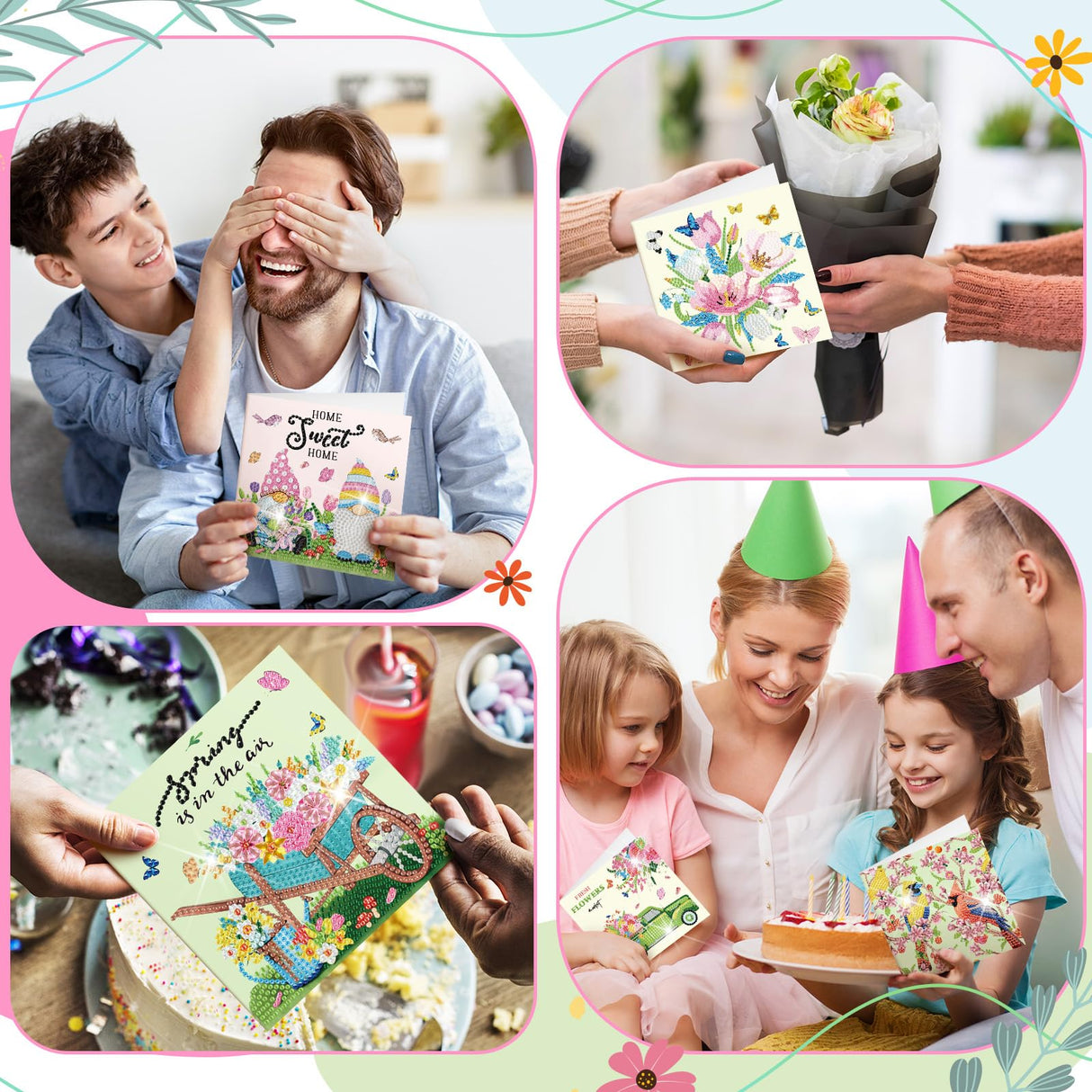 Saillong 12 Pack Spring Diamond Painting Greeting Card Kits Easter Diamond Art Cards with Envelopes Gnome Tulips Flowers 5d Rhinestones Painting Kits for Adults DIY Crafts Family Friend Spring Gifts Saillong