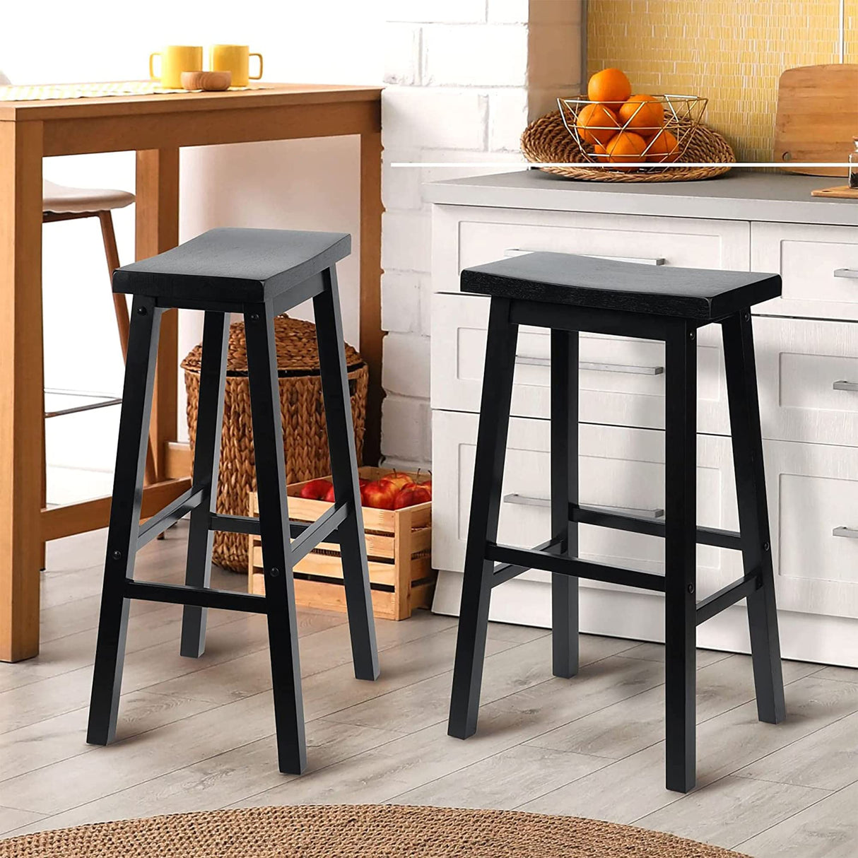 PJ Wood 24 Inch Single A Frame Classic and Modern Comfortable Wooden Bar Stool Saddle Seat with Built in Bars as Footrests, Black PJ Wood