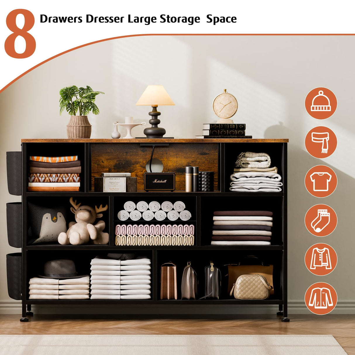 YaFiti Dresser for Bedroom with 8 Drawers, Dresser TV Stand with LED Lights, Fabric Chest of Drawers with Side Pocket for Living Room, Entryway, Bedroom Furniture (Rustic Brown) YaFiti