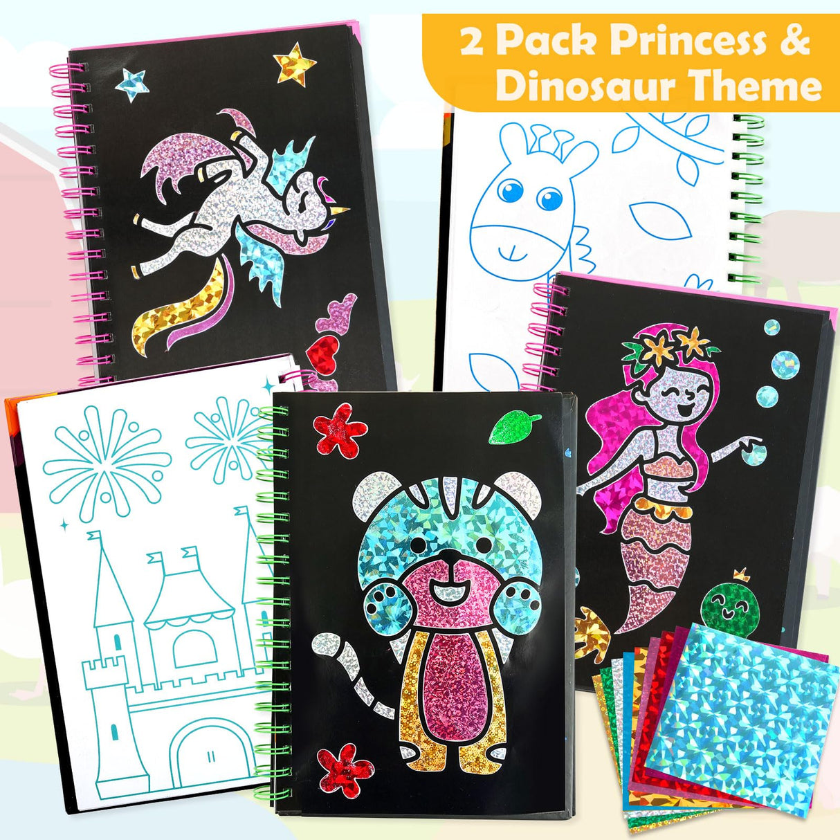 pigipigi Art Craft Activity for Kids: Fun Foil Princess & Dinosaur DIY Toy Kit, No Mess Creative Travel Supply Set, Idea Gift for Girl Boy Children 3 4 5 6 7 8 9 Year Old pigipigi