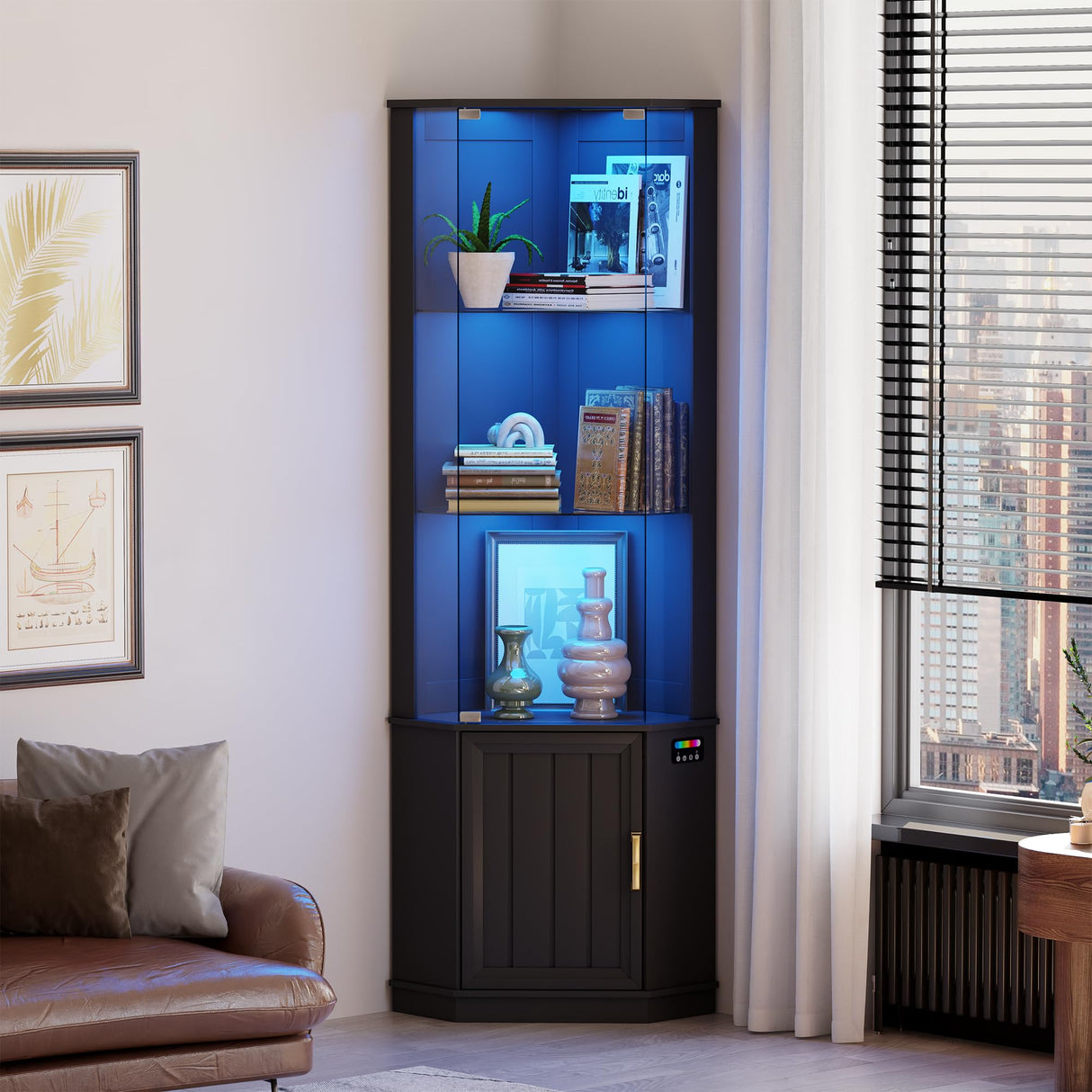 Lvifur 69" Corner Glass Display Cabinet with RGB Lights,3-Tier Movable Glass Shelves,Curio Display with Human Body Sensor,Bookcase with Storage Cabinet for Toys,Books,Collectibles,Liquor,Black Lvifur