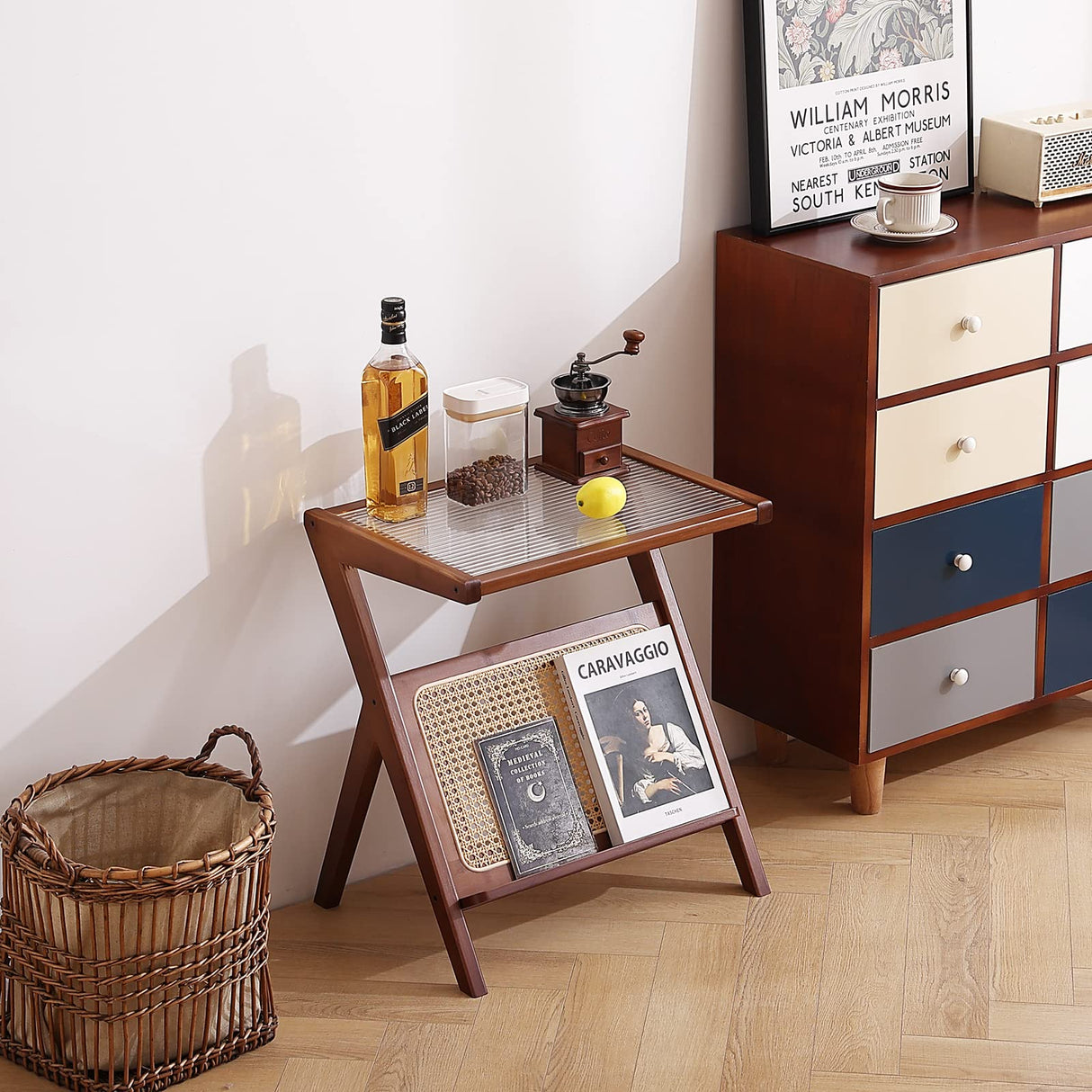 Tiita Rattan Side Table, Mid Century Nightstand, Bamboo Accent Bedside Tables, Glass Coffee Tables, Boho Wooden End Table with Storage for Small Space, Living Room and Bedroom Tiita