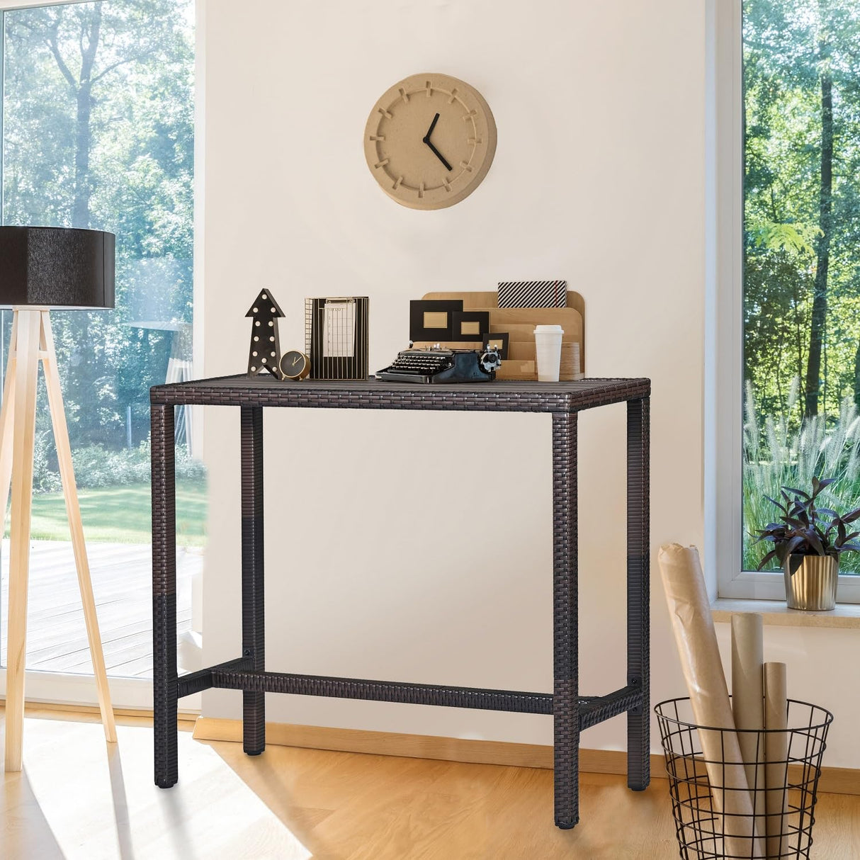 Outdoor Bar Table Patio Counter Height Table 45" Long Wicker High Top Pub Table Tall Console Table Rectangle Narrow with Adjustable Feet for Hot Tub Balcony Garden Outside Pool Deck Backyard Brown Patio Novagarden