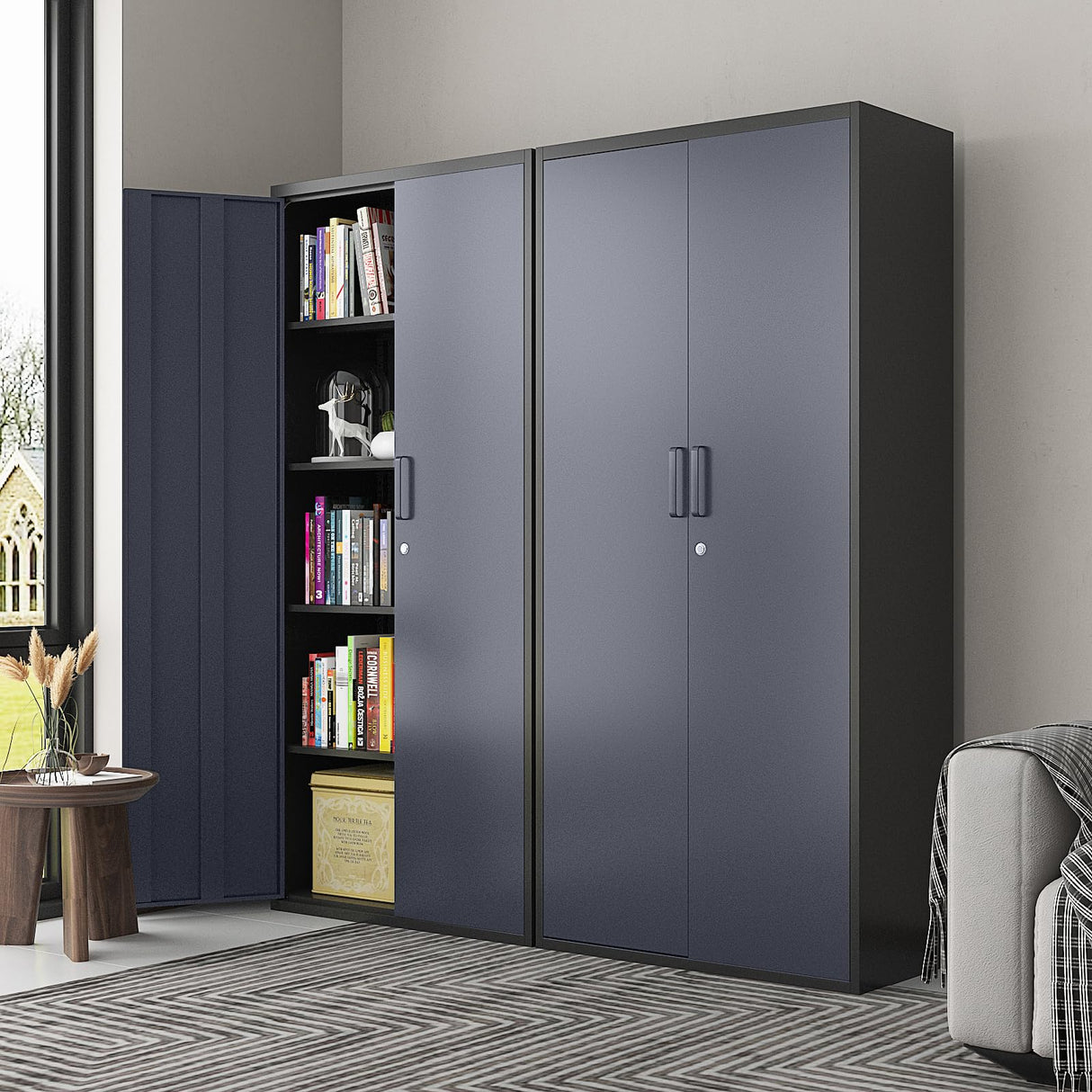 PEUKC Metal Garage Storage Cabinet, 71 Inch Tall Storage Cabinet with Adjustable Shelves & Locking Doors, Tool Cabinets for Garage,Office,Home,School,Gym Storage (Grey+Black) PEUKC