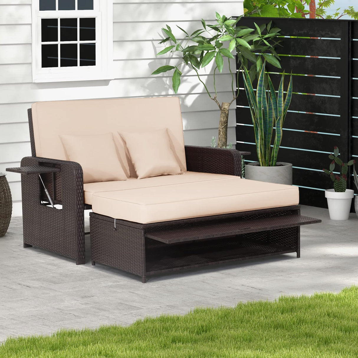Tangkula Patio Rattan Daybed, Patiojoy Wicker Loveseat Sofa w/Multipurpose Ottoman & Retractable Side Tray, 4-Level Adjustable Backrest, Footstool w/Storage, Seat & Back Cushion Included (Beige) Tangkula