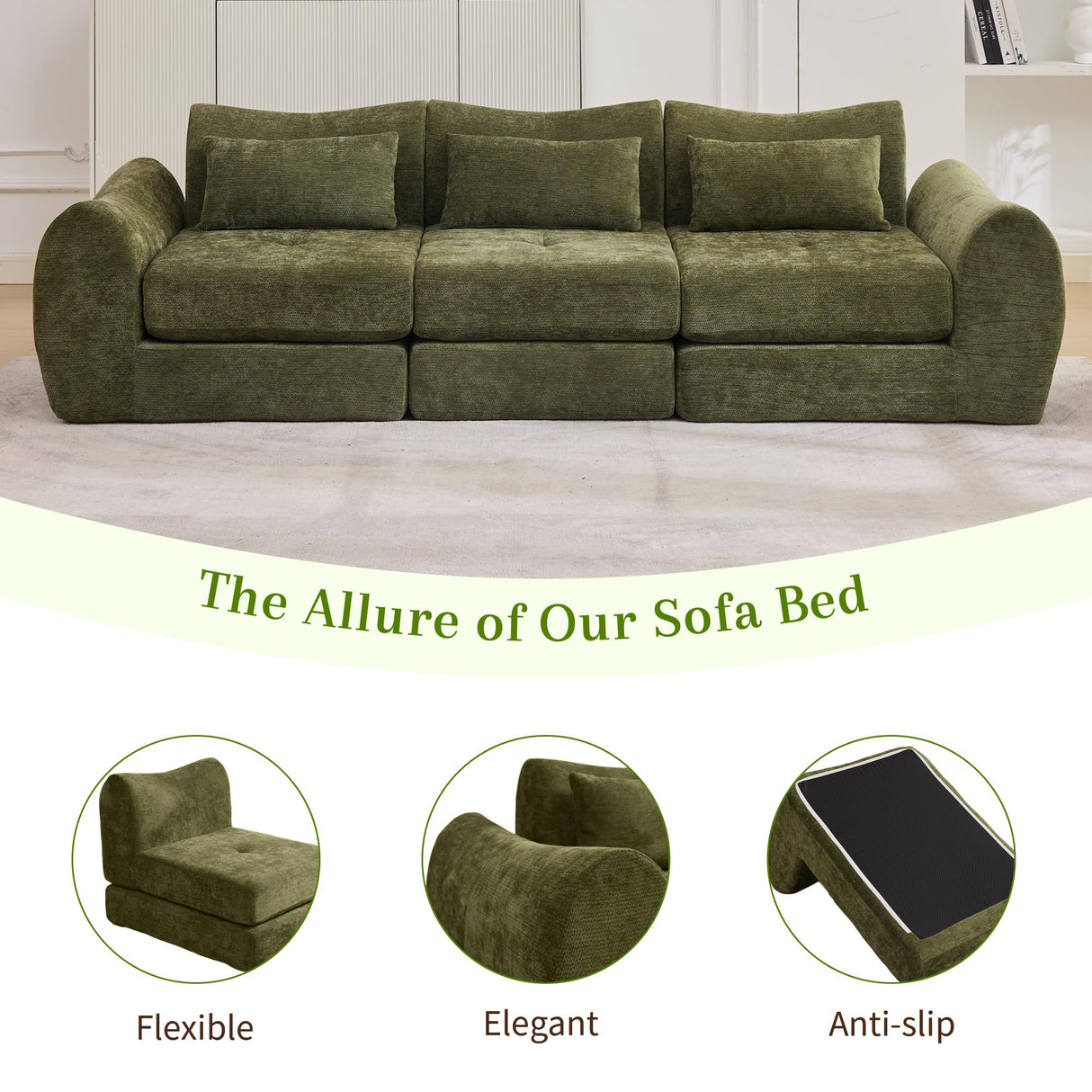 MAXMAXX 102" Cloud Sofa, 4-in-1 Folding Sofa Bed, Floor-Standing Boneless Couch, Futon Sofa Bed for Living Room, Bedroom and Entertainment Room (Green) MAXMXX