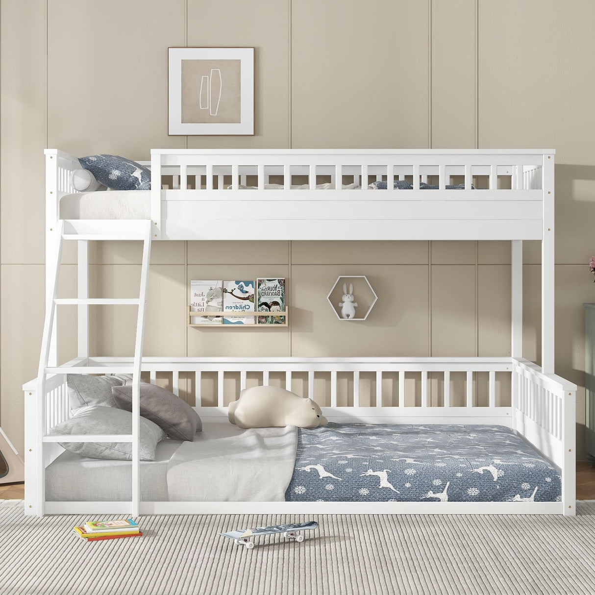 KEIKI Twin XL Over Queen Floor Bunk Bed, White Wooden Bunk Bed Frame with Ladder & Guardrail, Convertible to 2 Separated Kids Beds for Teens Bedroom, Easy Assembly, White KEIKI