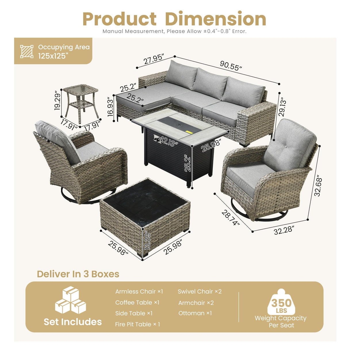 HOOOWOOO Outdoor Sectional Furniture Set with Fire Pit Table,9 Pieces Wicker Patio Conversation Sets,L Shape All Weather Outside Couch Sofa Set with Swivel Chairs Solar Table Ottoman,Charcoal Gray HOOOWOOO