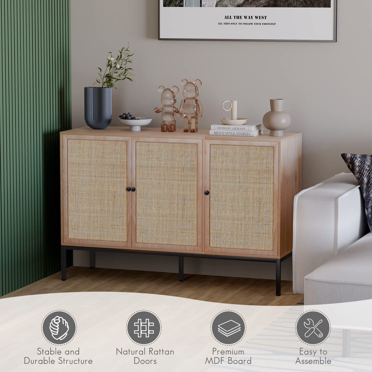 Yechen Sideboard Storage Cabinet with 3 Handmade Natural Rattan Doors, Rattan Cabinet Buffet Table Accent Credenza Console Cupboard, for Living Room Dining Room Entryway Kitchen Yechen