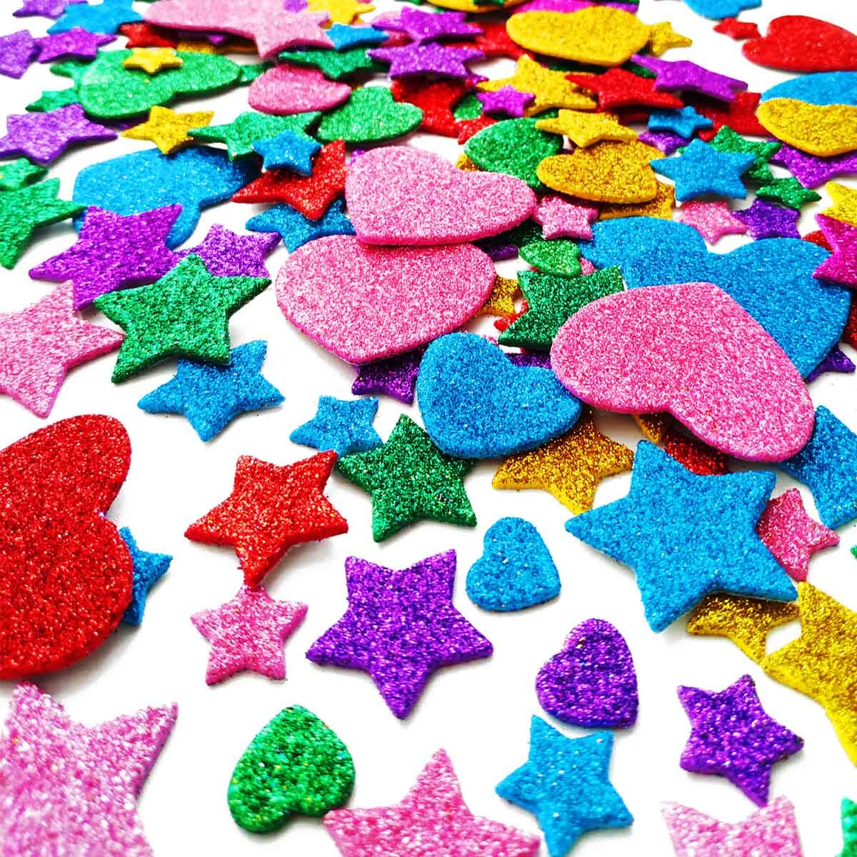260 Pieces Colorful Glitter Foam Stickers Self Adhesive Stars Mini Heart Shapes Glitter Stickers, Kid's Arts Craft Supplies Greeting Cards Home Decoration Stars&Heart Shapes TTSAM