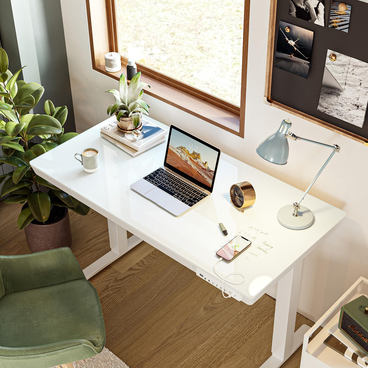 BANTI Electric Standing Desk with Drawers, 48 inch Whole-Piece Glass Desktop, Height Adjustable Stand up Sit Stand Home Office Ergonomic Workstation, White Tabletop BANTI