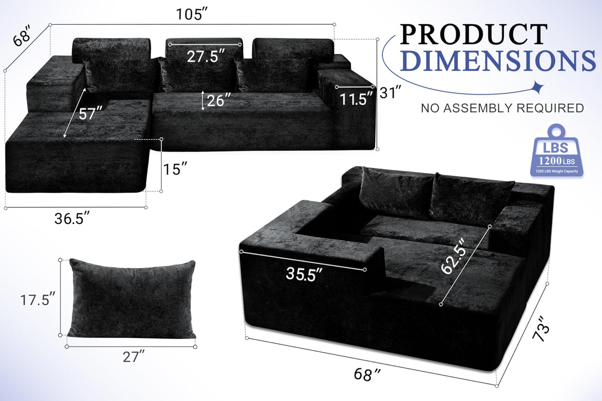 HABUTWAY 105" L-Shape Modular Sectional Sofa Couch for Living Room,No Assembly Required,Modular Comfy Sofa with Deep Seat for Living Room Bedroom,Luxury Distressed Velvet(Left,Black) HABUTWAY