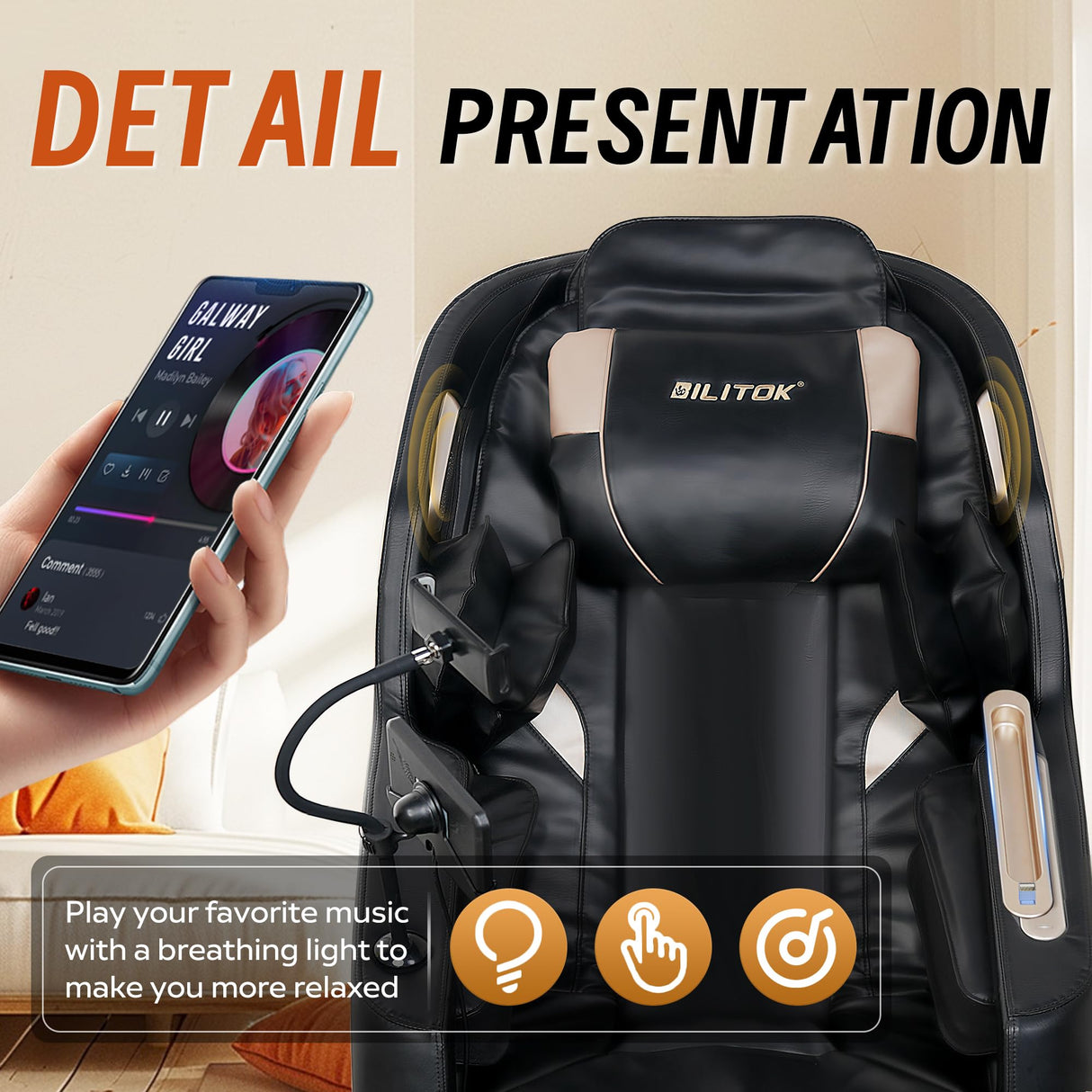 BILITOK Zero Gravity Massage Chair, Full Body Recliner with Heating, Bluetooth Speaker, Airbags, Touch Screen, Phone Stand, Foot Roller, Black BILITOK