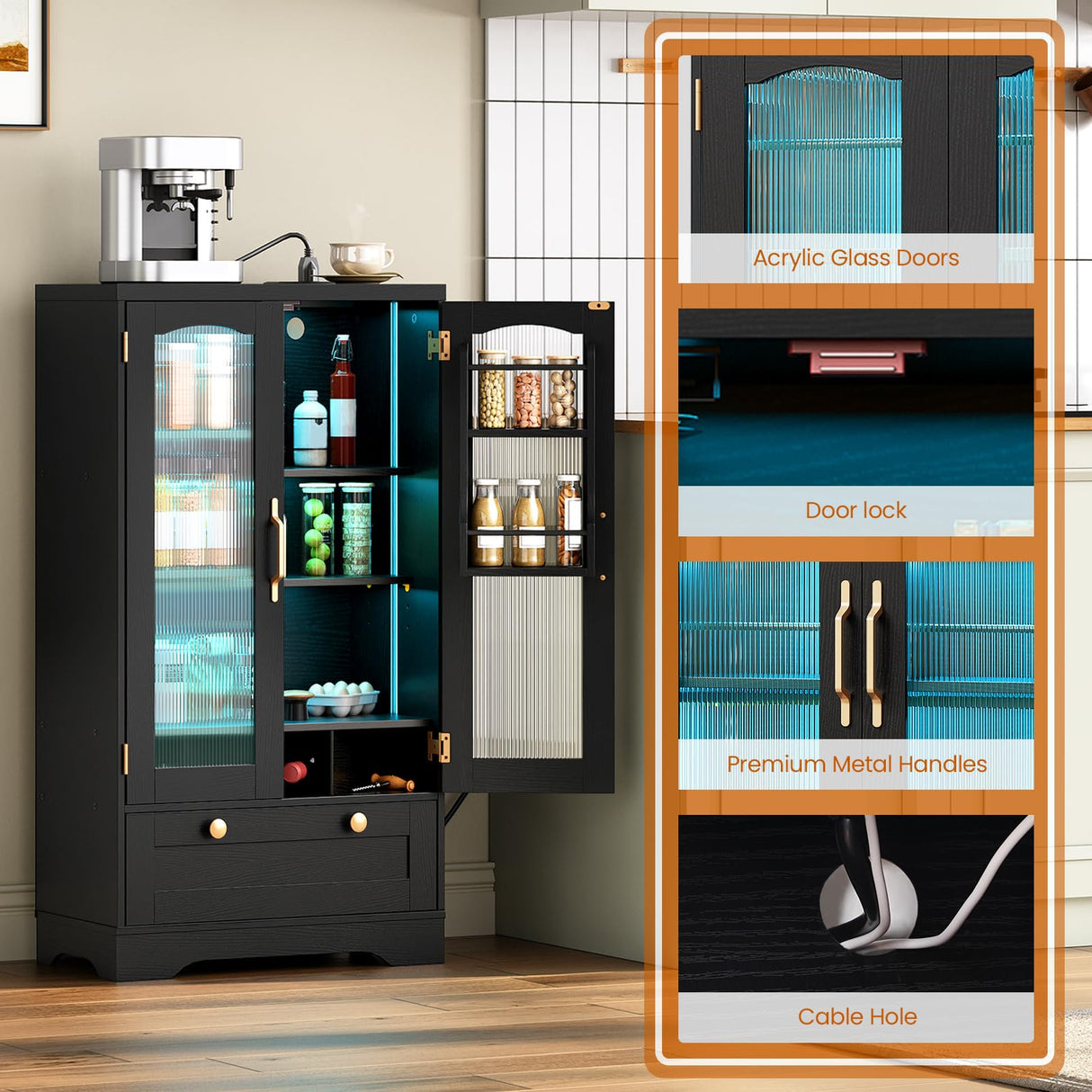 HOOBRO Kitchen Pantry Cabinet, Pantry Cabinet with Cup Holders and Wine Rack, Pantry Storage Cabinet with Charging Station and LED Lights, Pantry with Drawers for Dining Room, Black and Gold HOOBRO