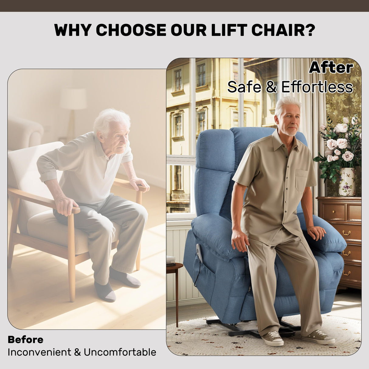 Sofetura Power Lift Recliner Chair with Vibration Massage&Heat for Elderly,Upholstered Breathable Fabric Lounge Chair with Side Pockets, USB Charge Port for Living Room,Only One Package,Blue Sofetura