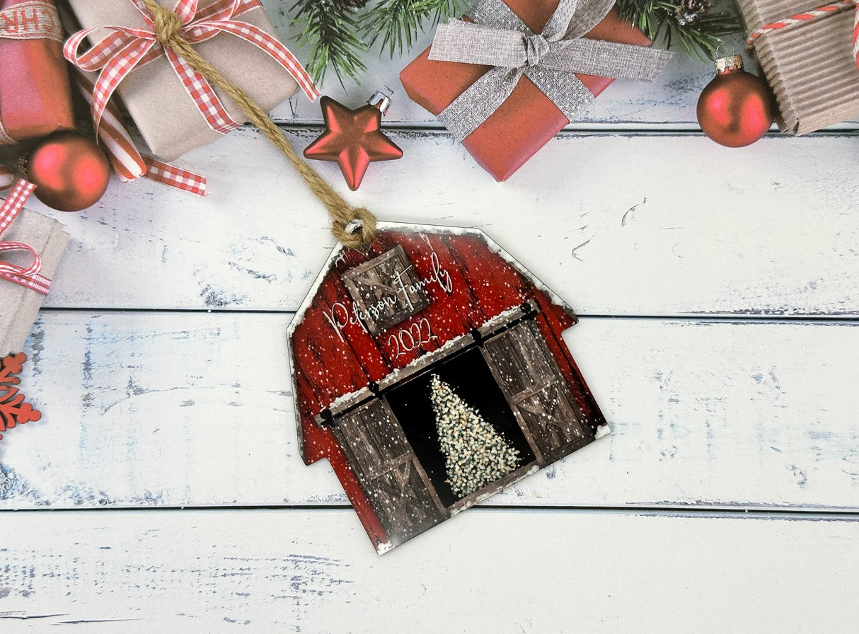 Personalized Christmas Ornaments 2024 Red Barn Farmhouse Wood Custom Farm Gift Stocking Stuffer Handmade by The Painted Pug (Red Barn Personalized) The Painted Pug
