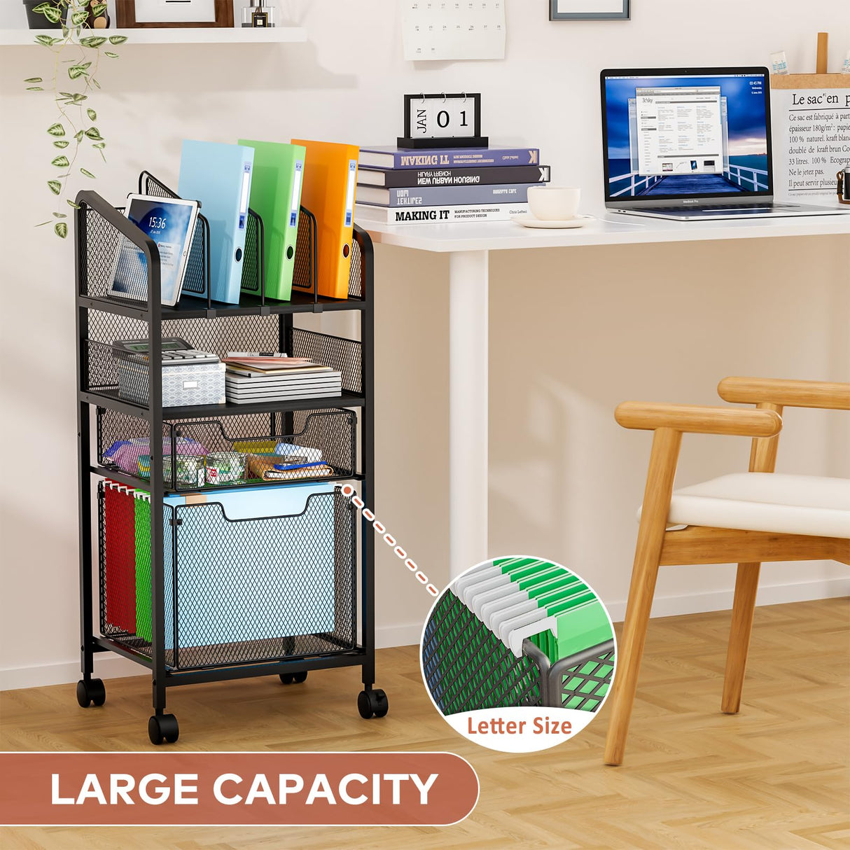 Huxitocan 4-Tier Rolling File Cart with Hanging File Organizer, Mobile File Cabinet with Storage Drawer, Rolling Utility Cart Storage and Organizer Office Cabinet for Home Office Huxitocan