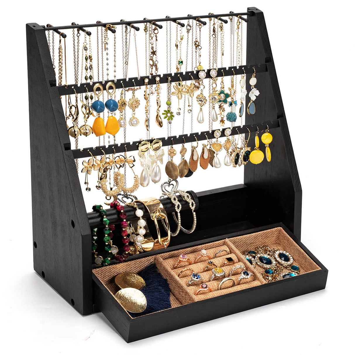 DGWJSU Earring Organizer, 5 Layer Earring Holder Organizer with Necklace Holder, Rustic Wood Jewelry Organizer Stand Display for Stud Earring Bracelet Necklace Ring, Watches DGWJSU