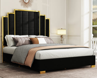 Albott Queen Size Platform Bed Frame, 61.4" Velvet Upholstered Bed with Gold Trim Headboard/Wooden Slats/No Box Spring Needed/Black