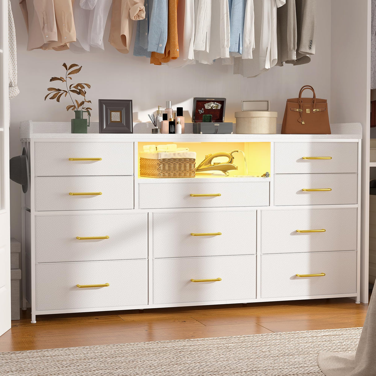 EnHomee Dresser TV Stand with 11 Drawers for 60" TV Stand for Bedroom with LED Lights & Power Outlets Long Dresser for Bedroom with Shelves & 4 Hooks Sturdy Metal Frame & Wood Top, White EnHomee