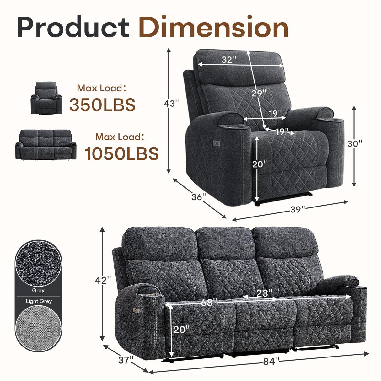 HAOMARKETS 3-Piece Power Recliner Sofa Set with Charging Port, Include 2 Single Power Chairs and a 3-Seater Reclining Couch with Cup Holders for Living Room, Dark Grey HAOMARKETS