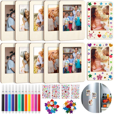 Yalikop 12 Pack Wooden Picture Frames for Crafts Unfinished Magnetic Picture Photo Frame with 12 Watercolor Pencils, Stickers, Mini Wood Fridge Magnetic Frames Display DIY Gifts for Refrigerator