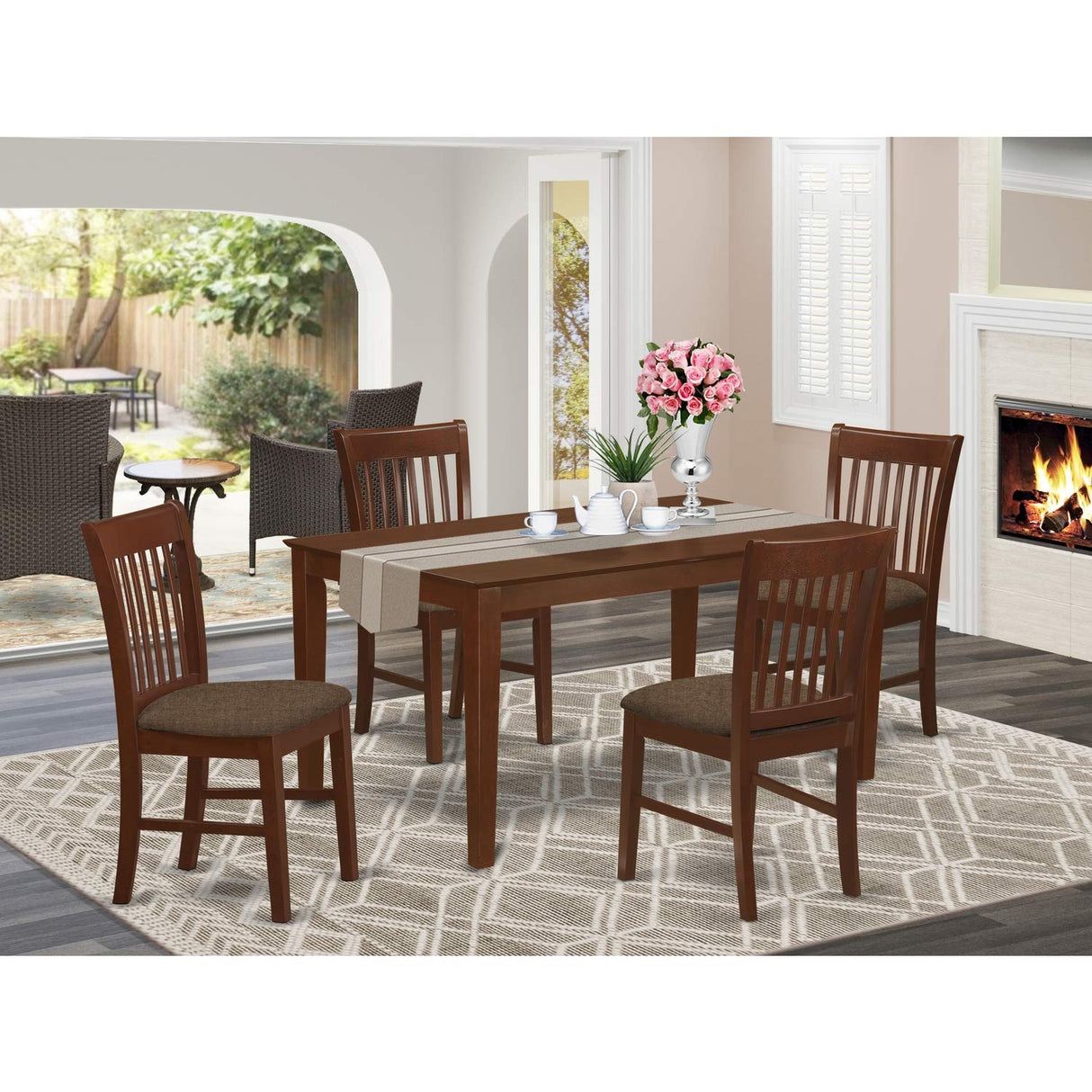 East West Furniture Capri 5 Piece Kitchen Set Includes a Rectangle Room Table and 4 Linen Fabric Upholstered Dining Chairs, 36x60 Inch, Mahogany East West Furniture