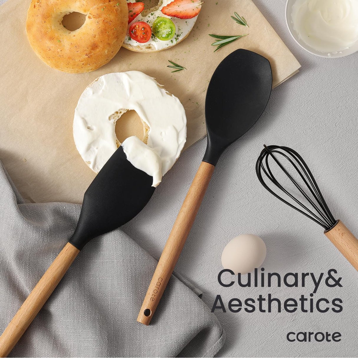 CAROTE Silicone Cooking Utensils Set for Nonstick Cookware, 446°F Heat Resistant Kitchen Utensil Set with Wooden Handle 10pcs, Spatula, Turner, Spoon, Tongs, Whisk CAROTE