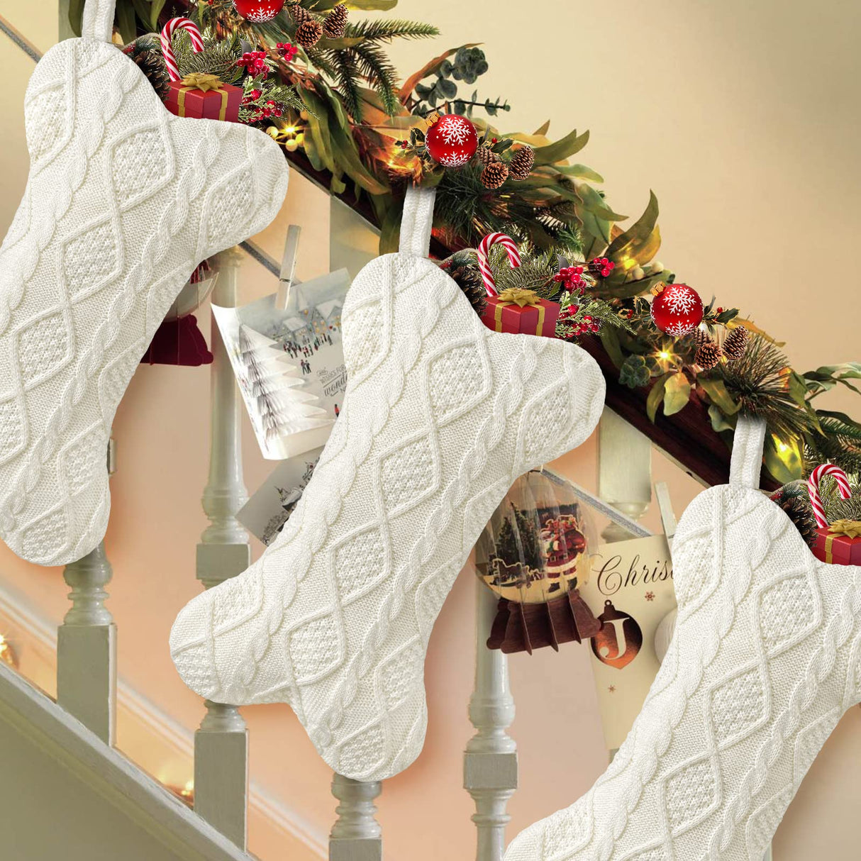 Malier Dog Christmas Stocking, Knit White Christmas Stocking for Dogs, Bone Shape Dog Stocking Christmas Large Pet Stockings Hanging Dog Christmas Stocking for Dogs Cats Pets (White) Malier