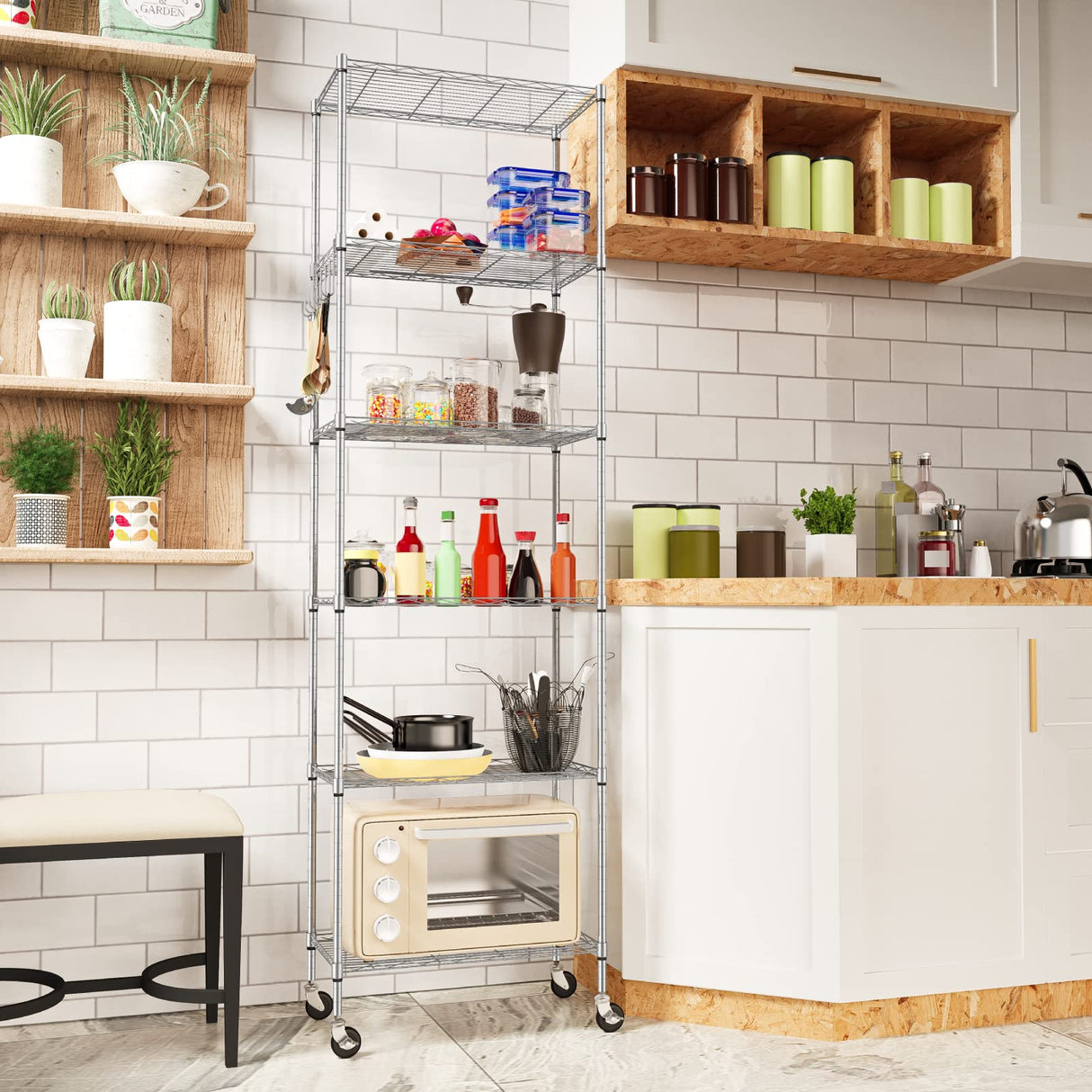 Homdox 6-Tier Storage Shelf Wire Shelving Unit Free Standing Rack Organization with Caster Wheels, Stainless Side Hooks, Silver Gray Homdox