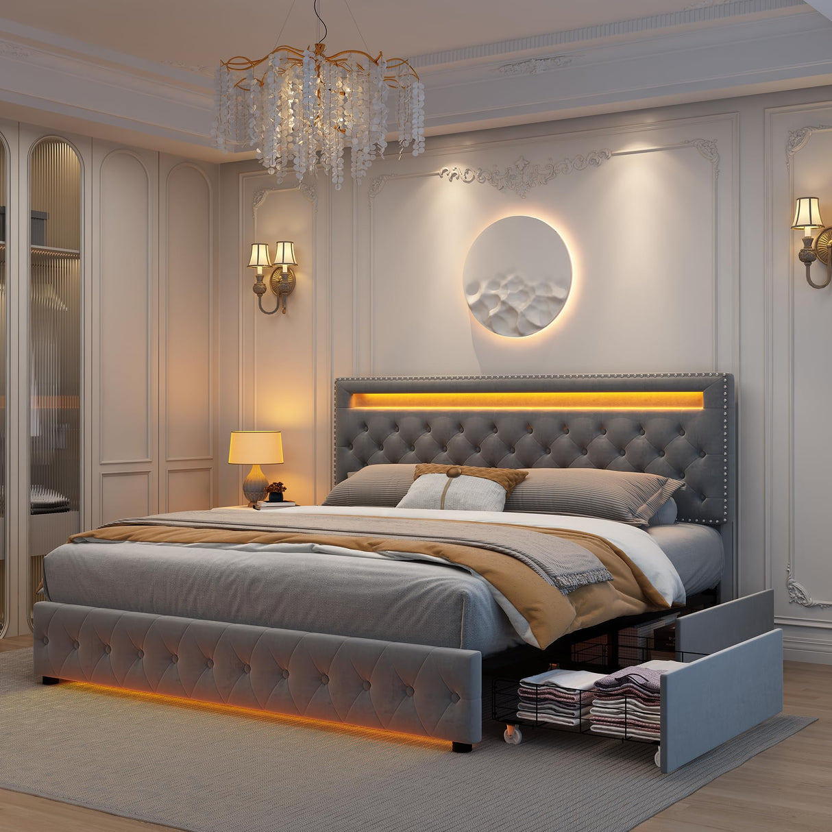 Queen Led Bed Frame with 4 Storage Drawers, with Smart Control RGBW LED Lights Headboard Footboard, Control DIY Color, Box Spring Optional, Velvet Grey WoodArtSupply