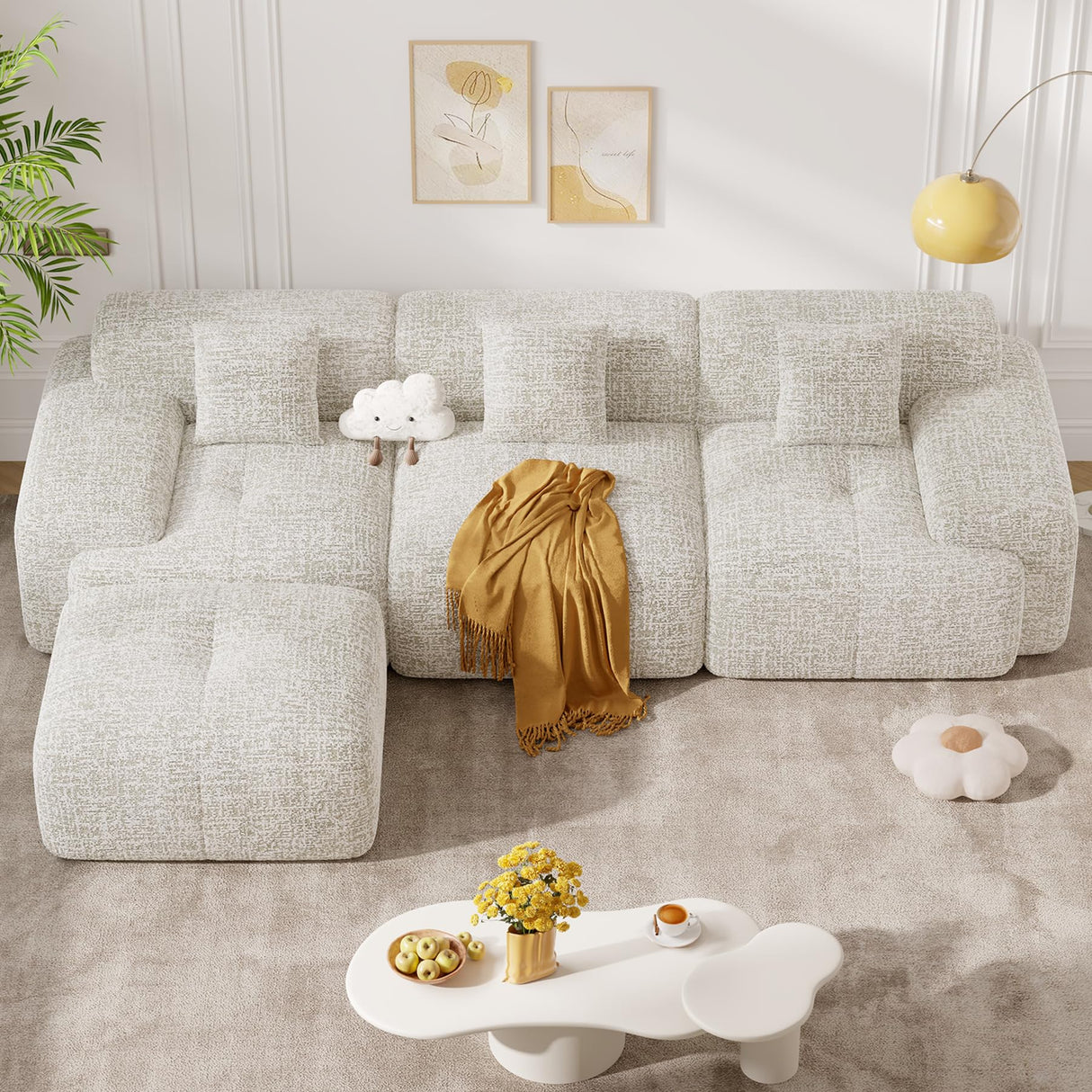122" Modern L Shaped Modular Sectional Sofa, Boneless Couches for Living Room with Ottoman,4 Seater Convertible Chenille Cloud Couch Sofa Set, No Assembly Required, Beige 1 PCS Luxanimarion