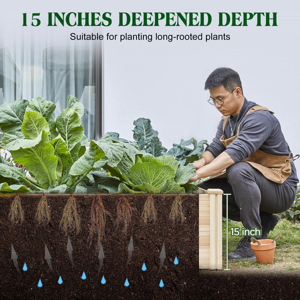 SPECRAFT 8x4 Ft Wood Raised Garden Bed, Durable 15 Inch Depth Planter Box for Vegetables, Herbs, and Flowers, Ideal for Outdoor Gardening with Open Base SPECRAFT