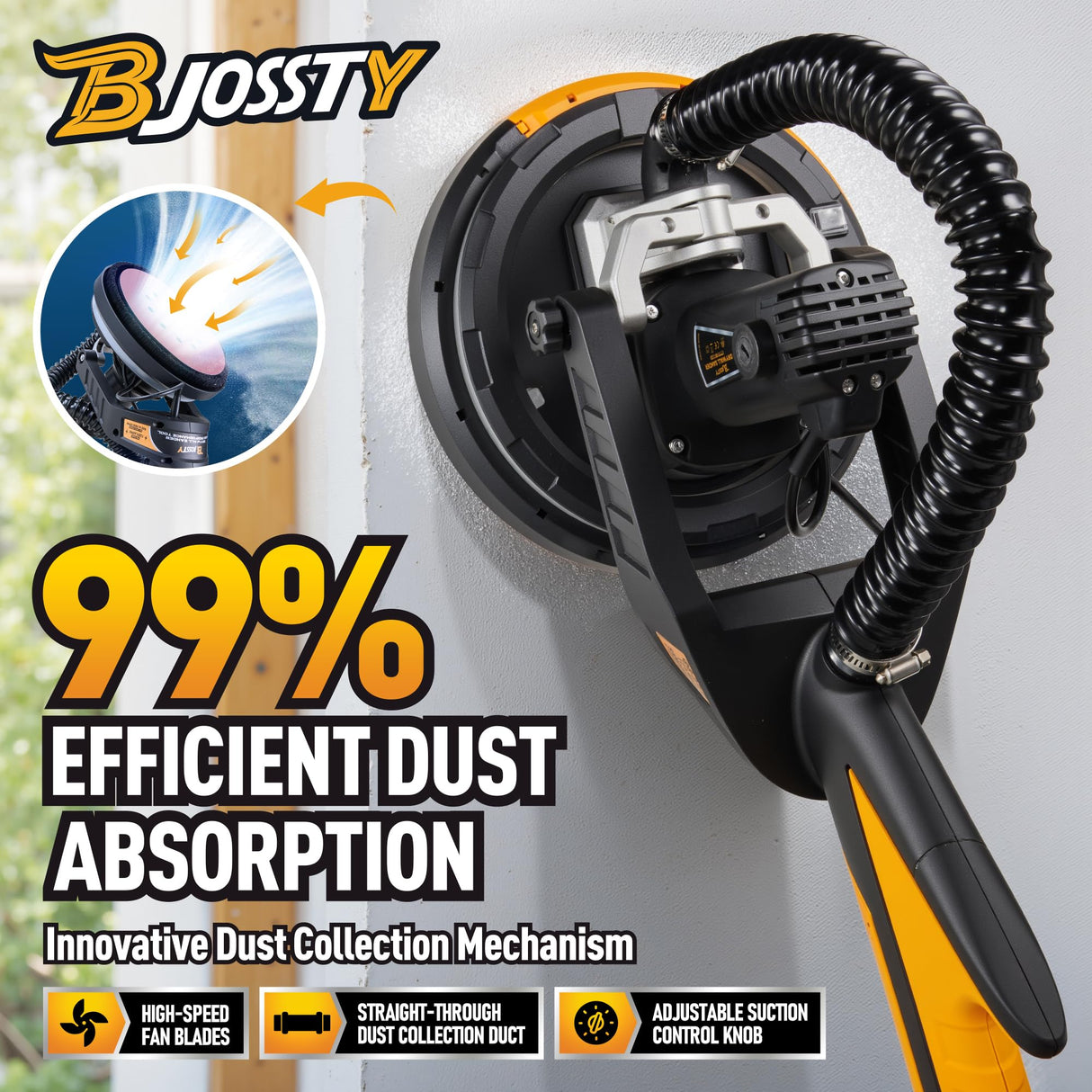Drywall Sander with Vacuum Dust Collector, High Power 7-AMP Electric Sander for Drywall, 99% Dust Removal, 7 Variable Speed 900-1800RPM, Dustless Wall Sander for Drywall, Popcorn Ceiling etc BJOSSTY