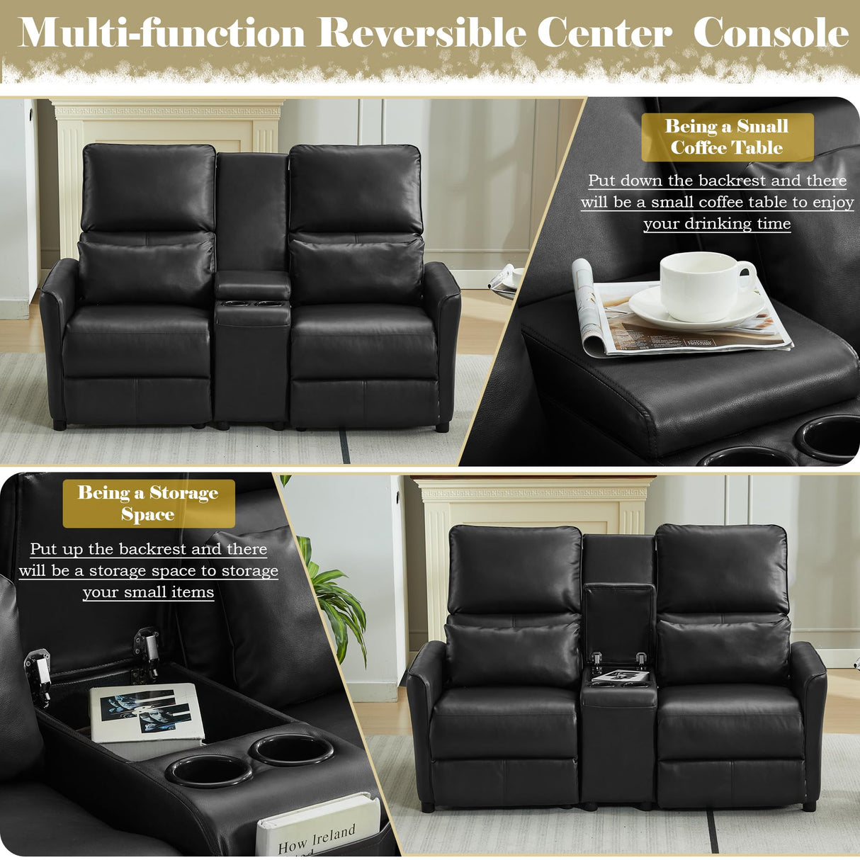 DRMBOOK 63'' RV Loveseat Recliner Sofa, Faux Leather Double Camper Couch 2 Seater Recliner with Console, Home Movie Theater Seating Chair, 2 Person Push Back Recliners for Living Room, Black DRMBOOK