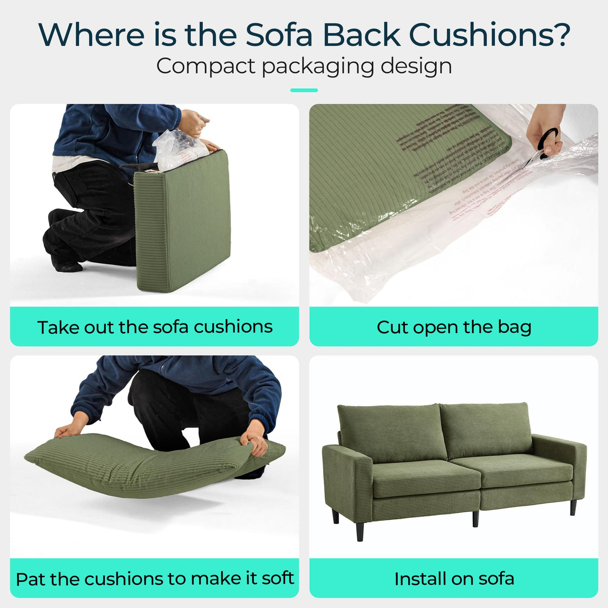 LINSY Modern Loveseat Sofa Couches for Living Room, Comfy Corduroy Sofa, Adjustable Seat Depth, Extra Deep Seats, Solid Wood Frame, Removable Cover, Love Seat Couch for Small Spaces (79inch, Green) LINSY