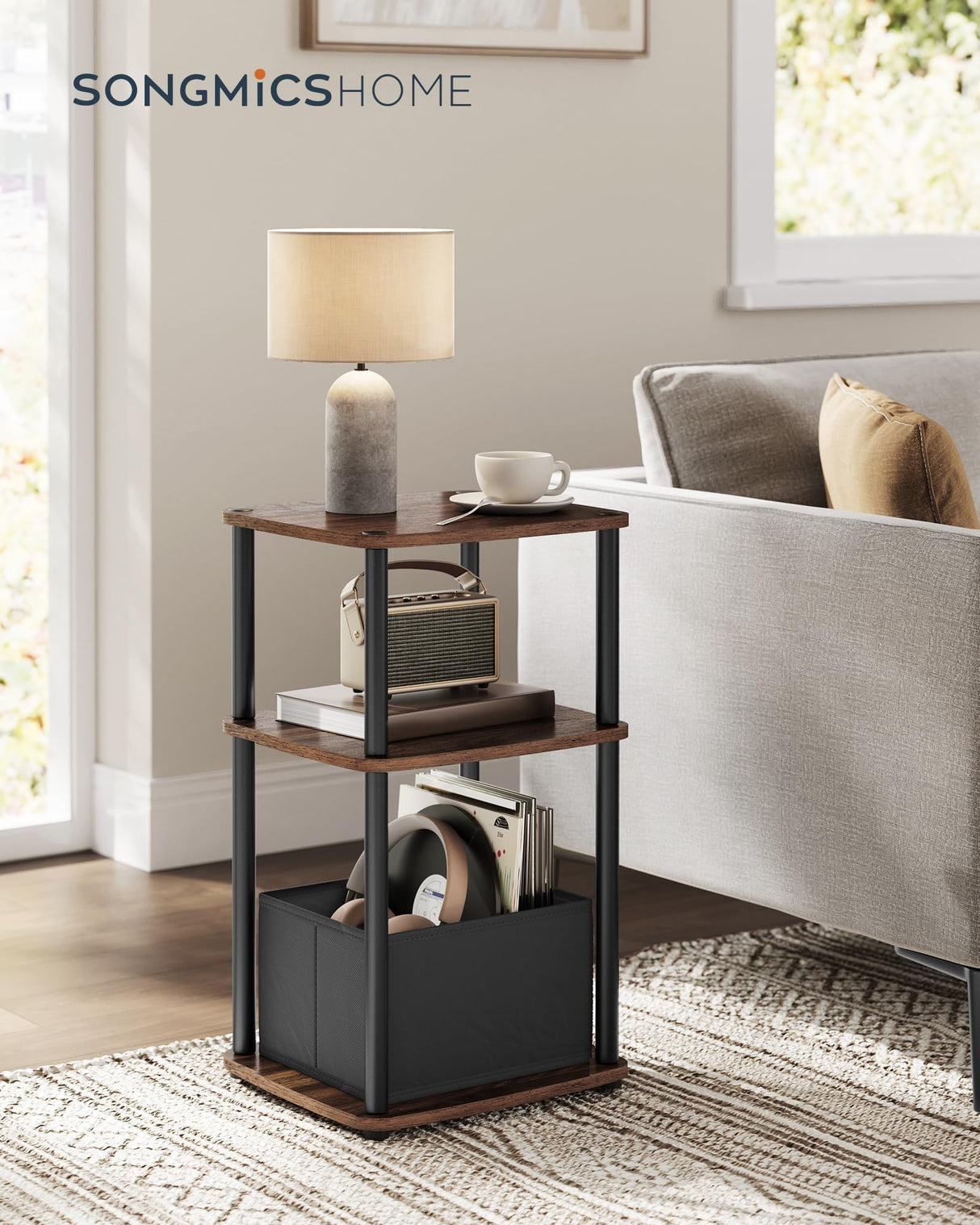 SONGMICS HOME Side Table, 3-Tier Nightstand with Storage, End Table with Fabric Basket, for Bedroom, Living Room, Steel Frame, Superfast Toolless Assembly, Modern, Ebony Walnut ULET286K01 SONGMICS HOME
