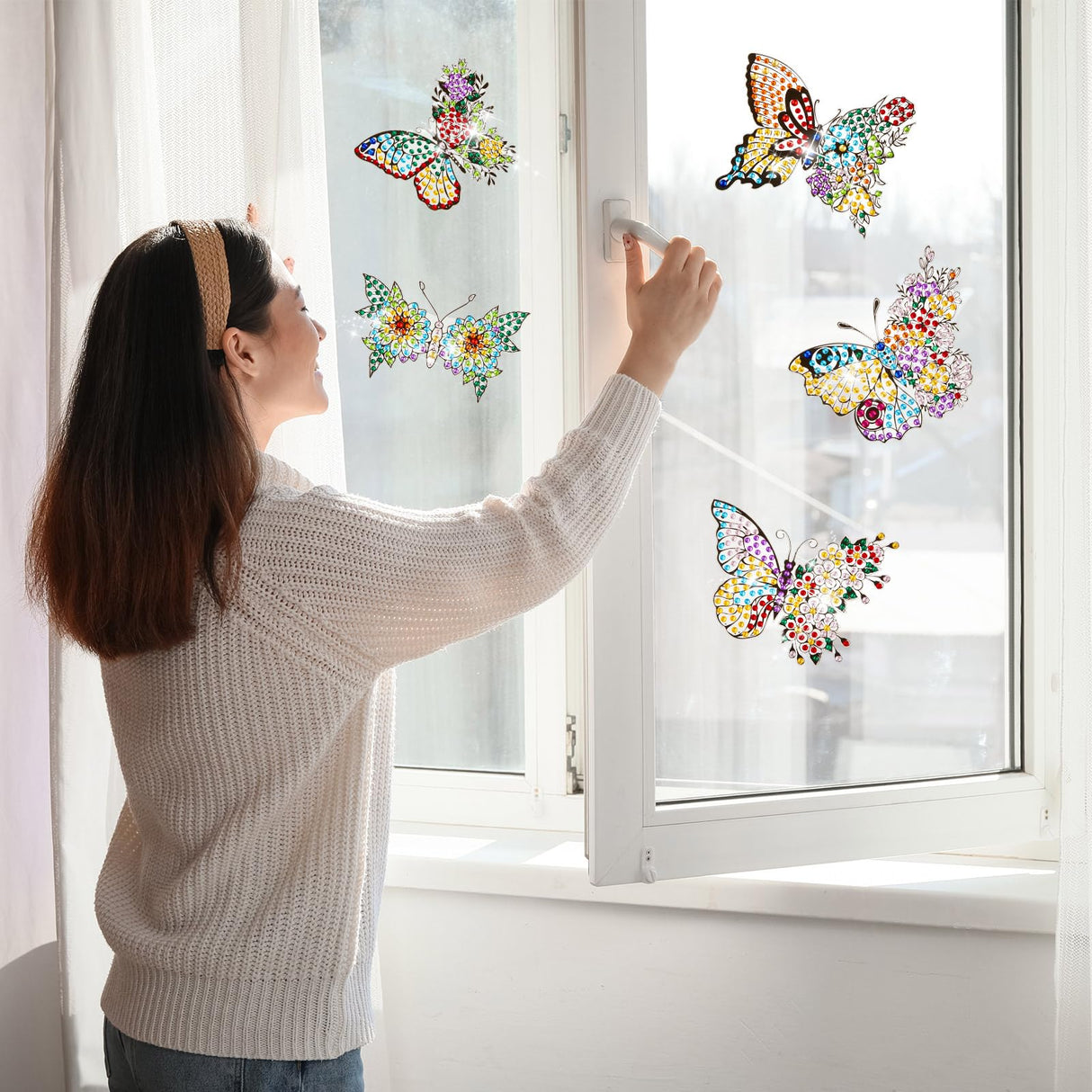 Lenwen 6 Pcs Diamond Art Stained Glass Window Clings Christmas Diamond Art Kits DIY Butterfly Window Stickers for Suncatchers Adults Crafts Home Wall Decor Gifts Lenwen