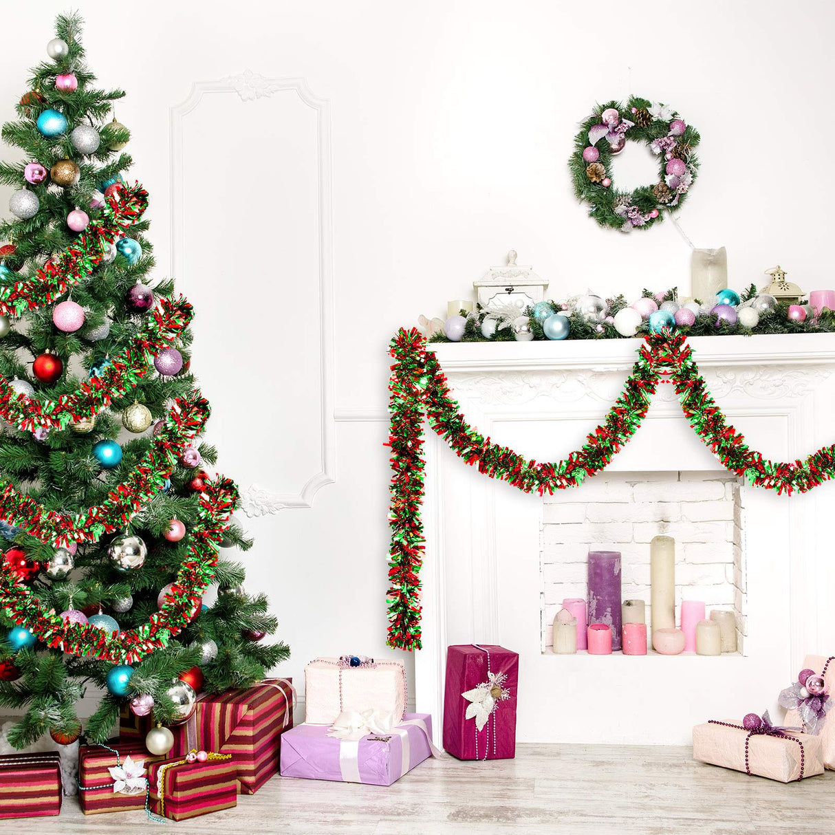 Christmas Tinsel Garland Metallic Christmas Tree Garland Shiny Party Tinsel Garland Hanging Decorations for Christmas Tree Decorations Wedding Birthday Party Supplies (26.2 ft,Red and Green) WILLBOND