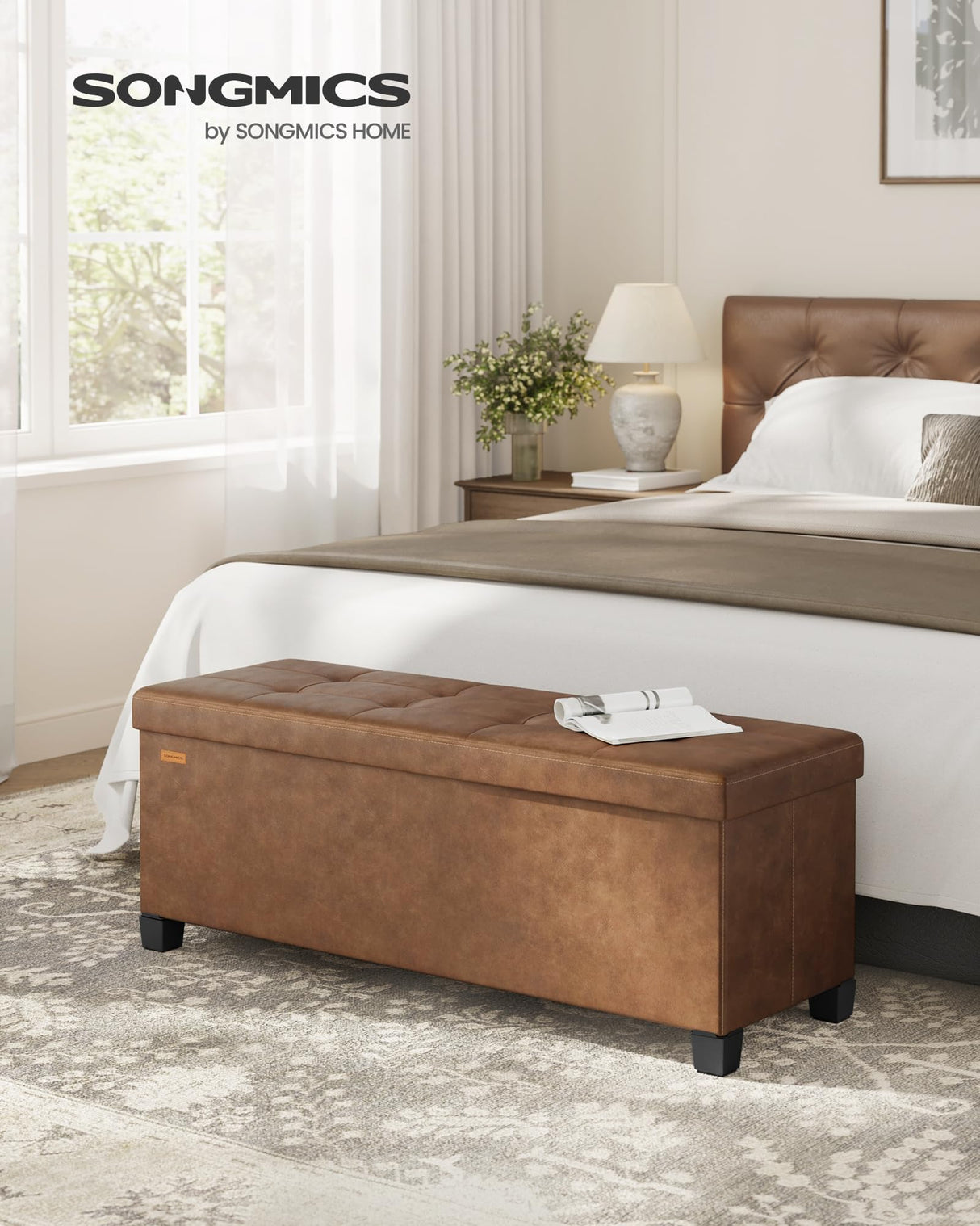 SONGMICS Storage Ottoman, Storage Bench with Legs,15 x 43 x 15.7 Inches, Ottoman Bench, 30 Gal. (112 L), Synthetic Leather, for Living Room, Entryway, Coffee Brown ULSF0514K03 SONGMICS