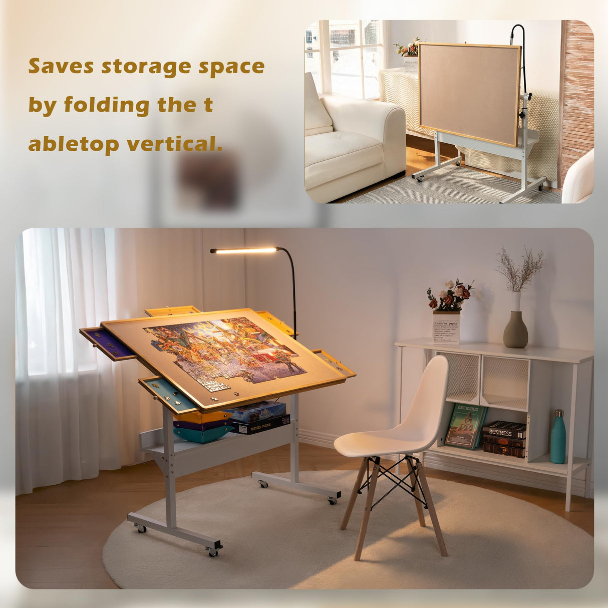 Tektalk Jigsaw Puzzle Table with LED Light, Jigsaw Puzzle Board with Angle & Height Adjustment, Wooden Plateau with Cover, Enclosed with 4 Roller Wheels, for Up to 1500 Pieces Tektalk