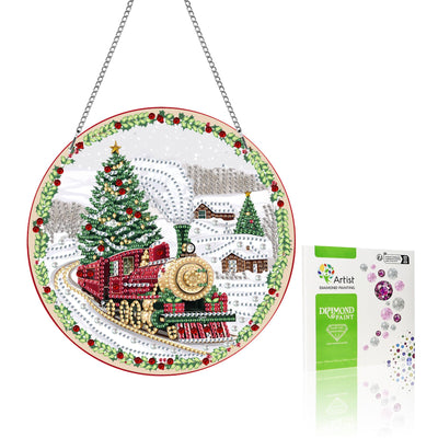 VAIIEYO Christmas Diamond Art Hanging Ornament, Train Diamond Painting Suncatchers Window Hanging Kit with Chain, 7.5x7.5 inch Crystal Pendant Art Craft for Gift Home Wall Front Door Decoration