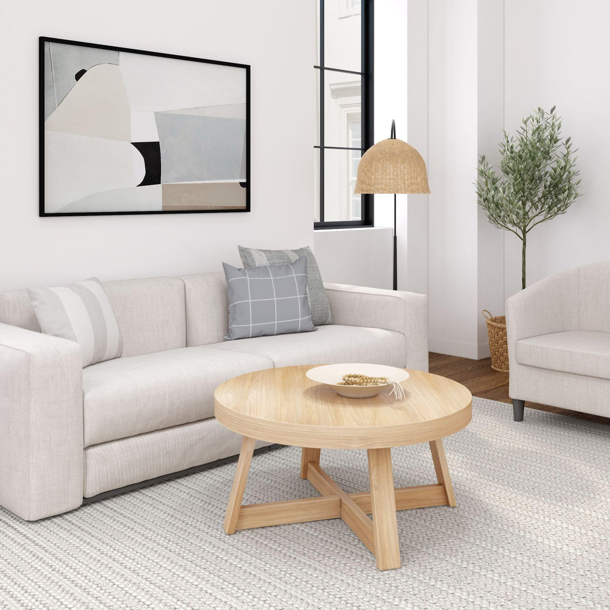 Plank+Beam Classic Round Coffee Table, 36 Inch Farmhouse Coffee Table, Rustic Mini Center Tables for Small Spaces, Small Living Space Tea Table, Blonde Wirebrush Plank+Beam