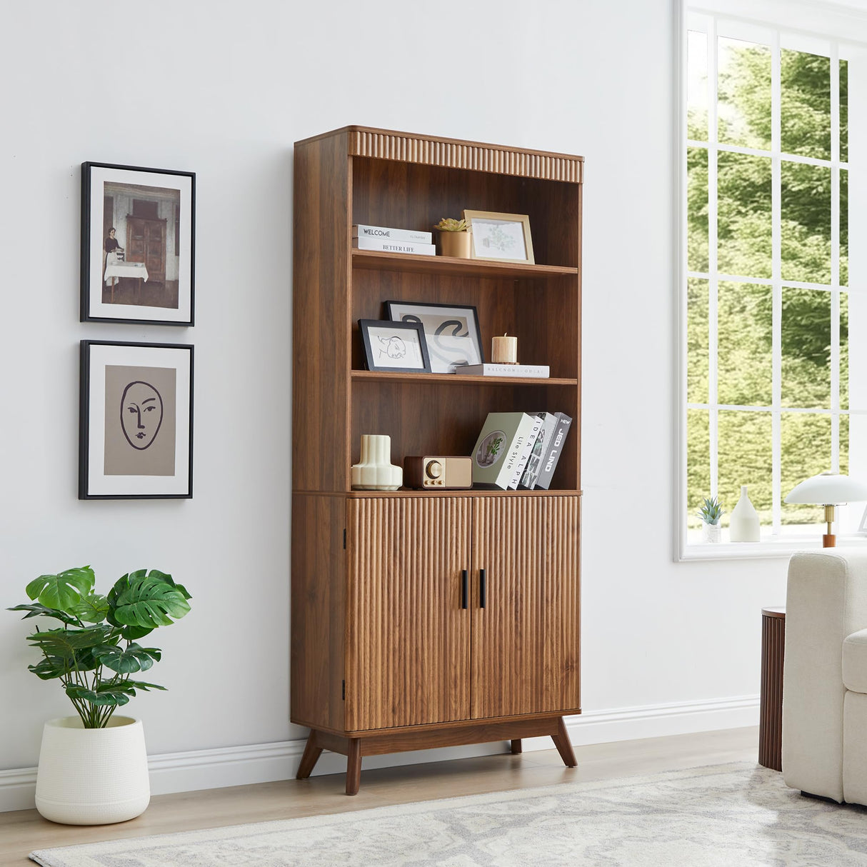 68" Fluted Tall Bookcase with Storage Cabinet,Mid-Century Modern 5-Tiers Arched Bookshelf Cabinet with Doors, Arched Bookcase with Open Display Storage Shelf for Home Office Bedroom Living Room,Walnut XUZENEST