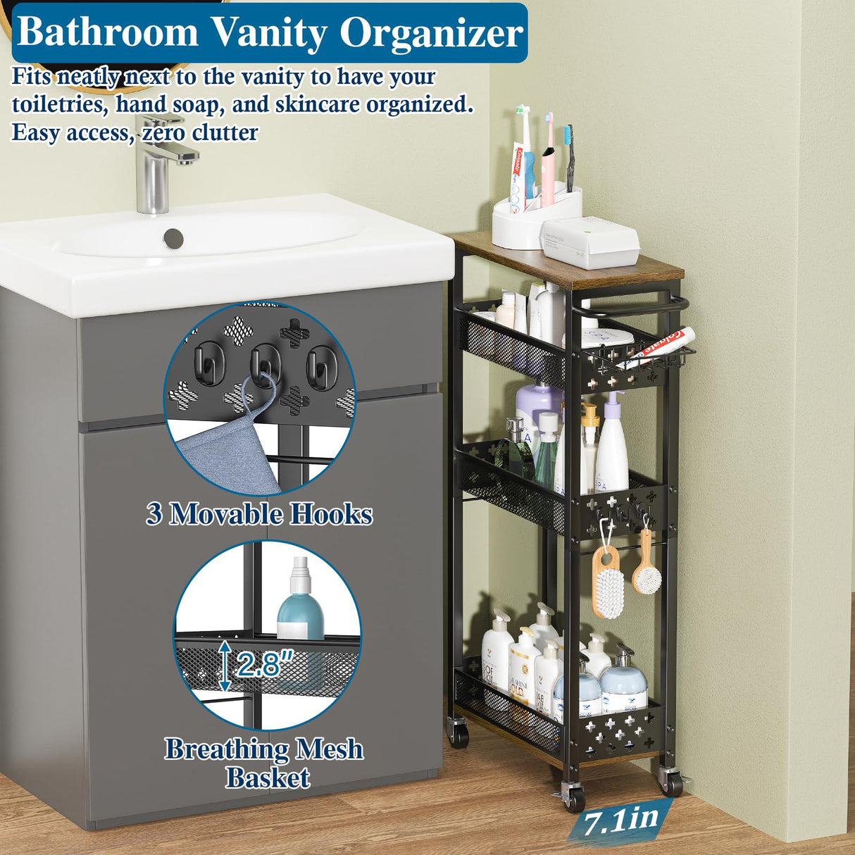 OKZEST Rolling Slim Storage Cart, 4-Tier Narrow Bathroom Organizers and Storage Cart, Metal Narrow Kitchen Laundry Room Organization Shelf with Wood Top, Slim Utility Cart with Wheels for Small Space OKZEST