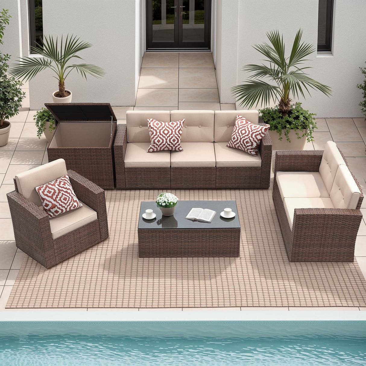 JOIVI 8 Pieces Patio Conversation Sets, All Weather Outdoor Sectional Patio Sofa, U-Shaped PE Wicker Patio Furniture Sets with Storage Box, Coffee Table, 3 Pillows, for Garden, Porch, Brown JOIVI