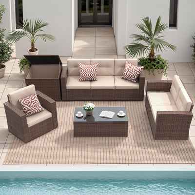 JOIVI 8 Pieces Patio Conversation Sets, All Weather Outdoor Sectional Patio Sofa, U-Shaped PE Wicker Patio Furniture Sets with Storage Box, Coffee Table, 3 Pillows, for Garden, Porch, Brown